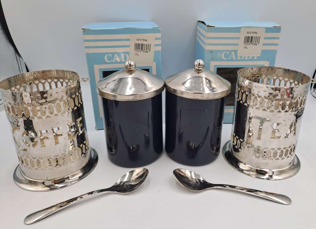 Vintage Silver-plated Filigree Tea and Coffee Caddy`s with blue plastic cups with spoons -boxed