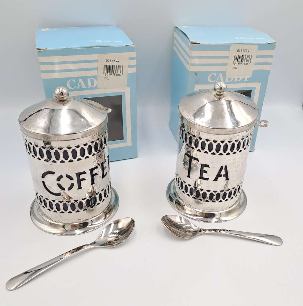 Vintage Silver-plated Filigree Tea and Coffee Caddy`s with blue plastic cups with spoons -boxed
