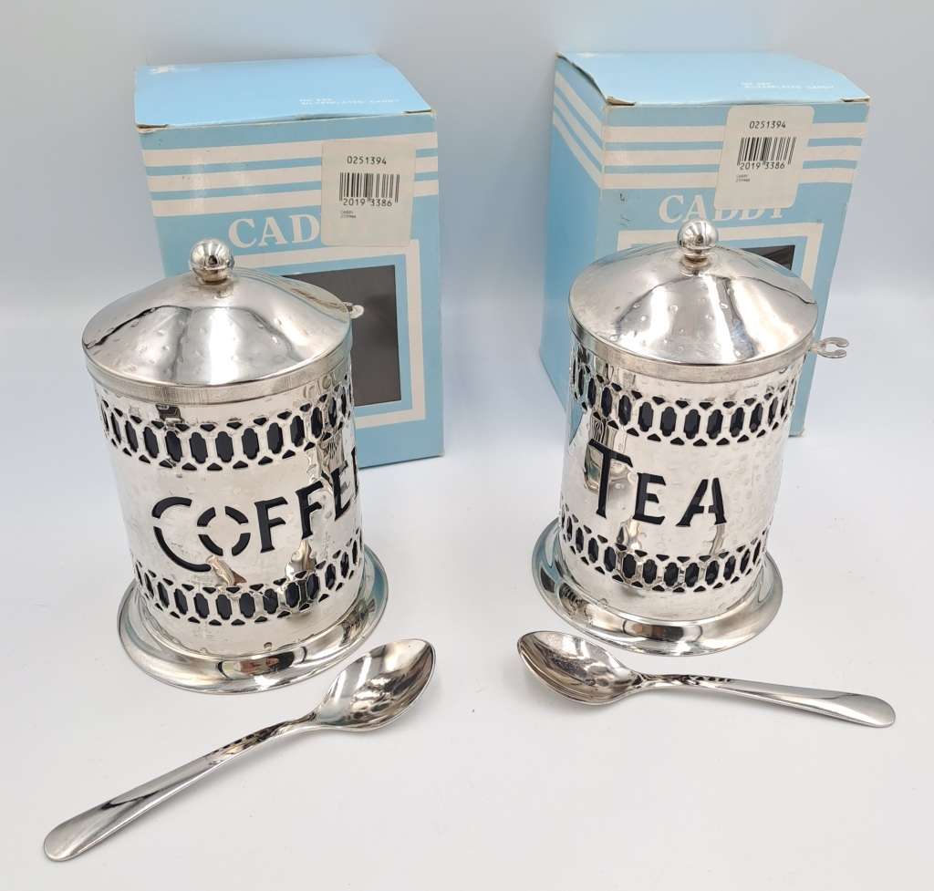 Vintage Silver-plated Filigree Tea and Coffee Caddy`s with blue plastic cups with spoons -boxed