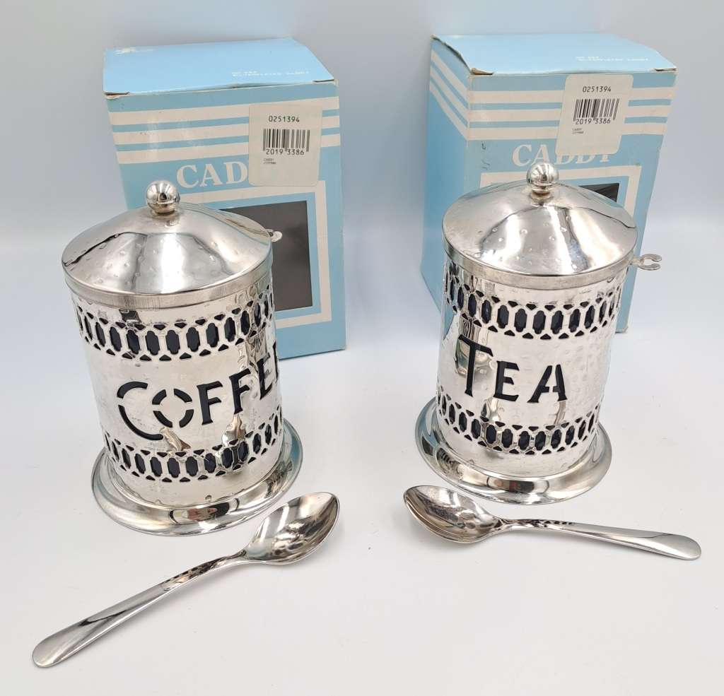 Vintage Silver-plated Filigree Tea and Coffee Caddy`s with blue plastic cups with spoons -boxed