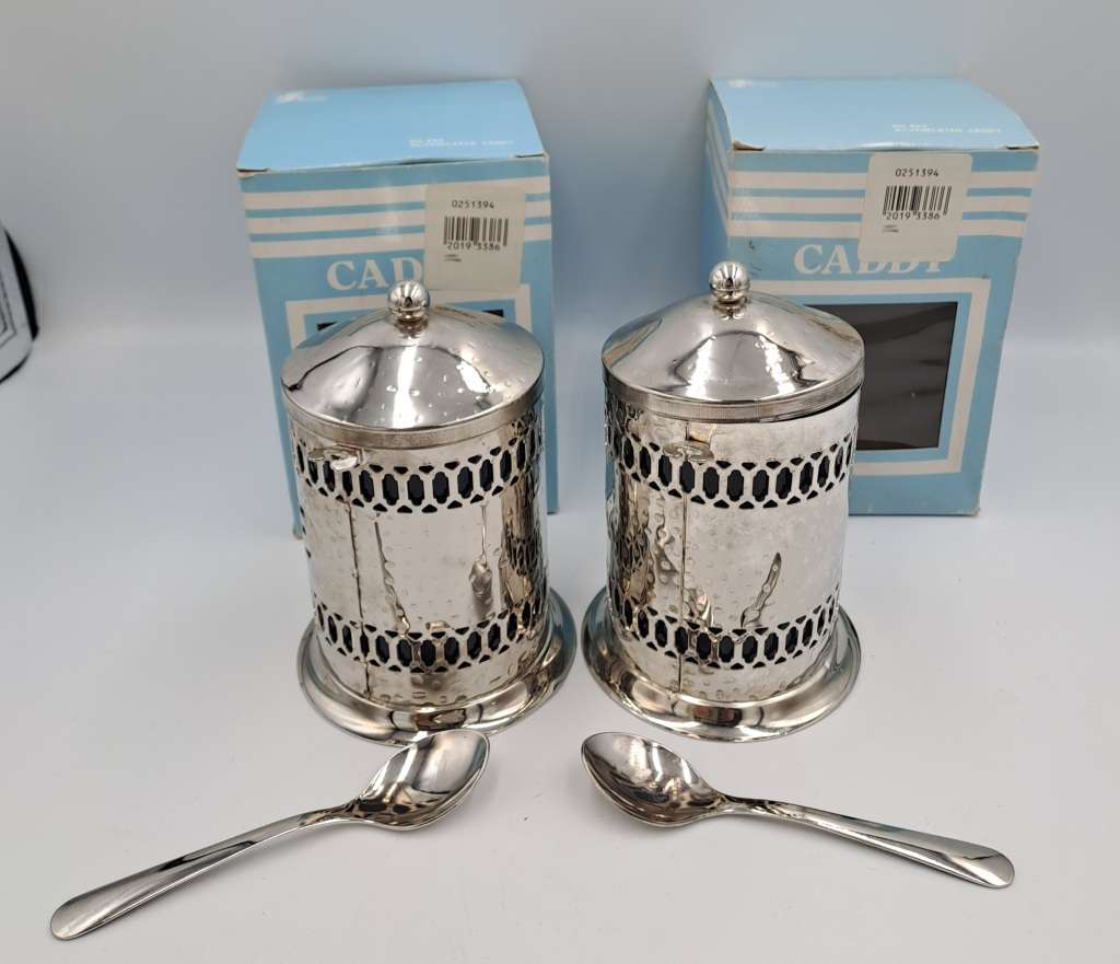 Vintage Silver-plated Filigree Tea and Coffee Caddy`s with blue plastic cups with spoons -boxed