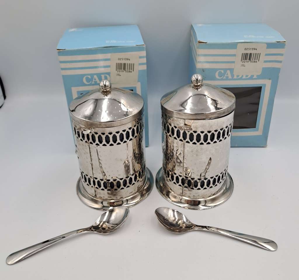 Vintage Silver-plated Filigree Tea and Coffee Caddy`s with blue plastic cups with spoons -boxed