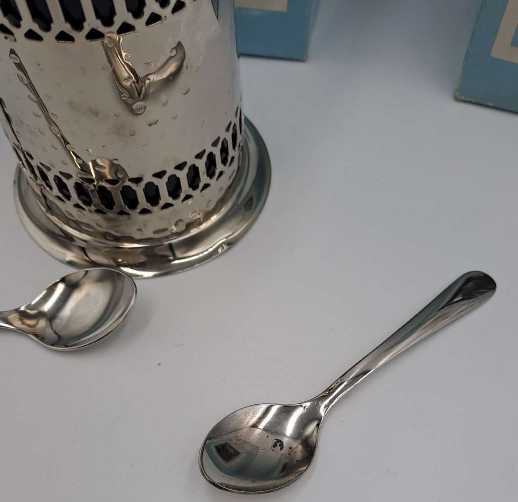 Vintage Silver-plated Filigree Tea and Coffee Caddy`s with blue plastic cups with spoons -boxed