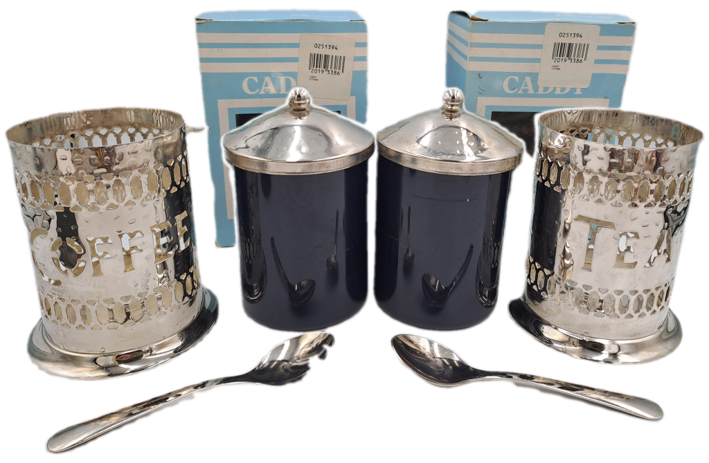 Vintage Silver-plated Filigree Tea and Coffee Caddy`s with blue plastic cups with spoons -boxed
