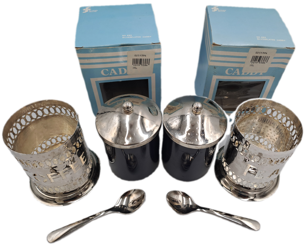 Vintage Silver-plated Filigree Tea and Coffee Caddy`s with blue plastic cups with spoons -boxed