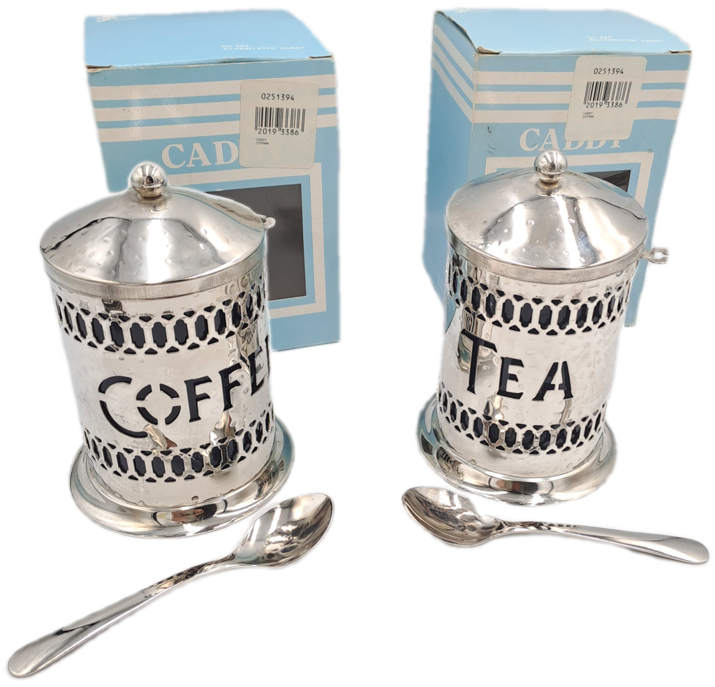 Vintage Silver-plated Filigree Tea and Coffee Caddy`s with blue plastic cups with spoons -boxed