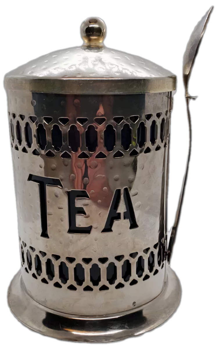 Vintage Silver-plated Filigree Tea and Coffee Caddy`s with blue plastic cups with spoons -boxed