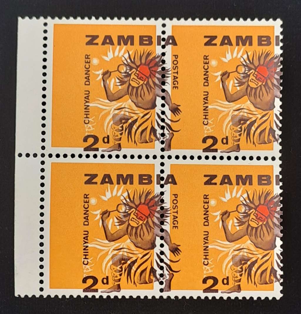 Rare!!! Shifted Print Error 1964 Zambia 2d ( block of 4) -Chinyau Dancer-Unused