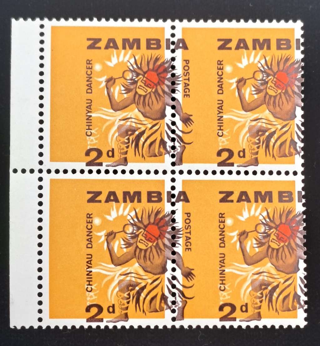 Rare!!! Shifted Print Error 1964 Zambia 2d ( block of 4) -Chinyau Dancer-Unused