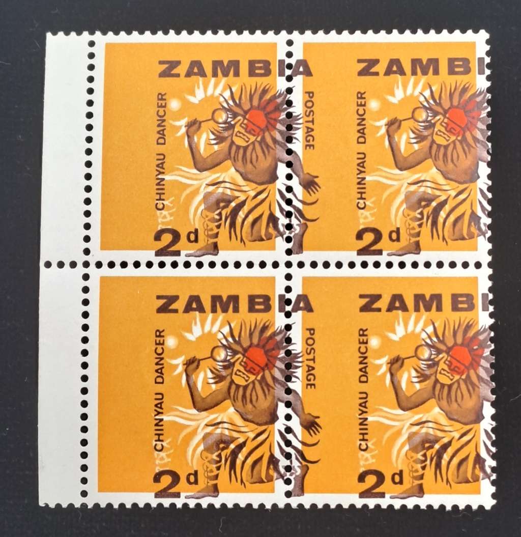 Rare!!! Shifted Print Error 1964 Zambia 2d ( block of 4) -Chinyau Dancer-Unused