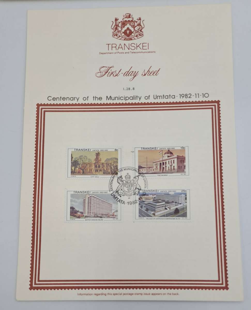 1982 Transkei Umtata Centenary- 1st day cover and Ist day Sheet