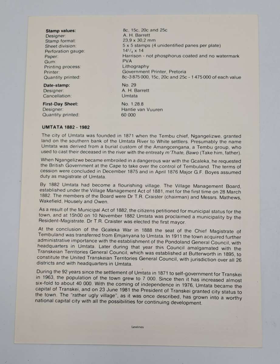 1982 Transkei Umtata Centenary- Ist day Sheet