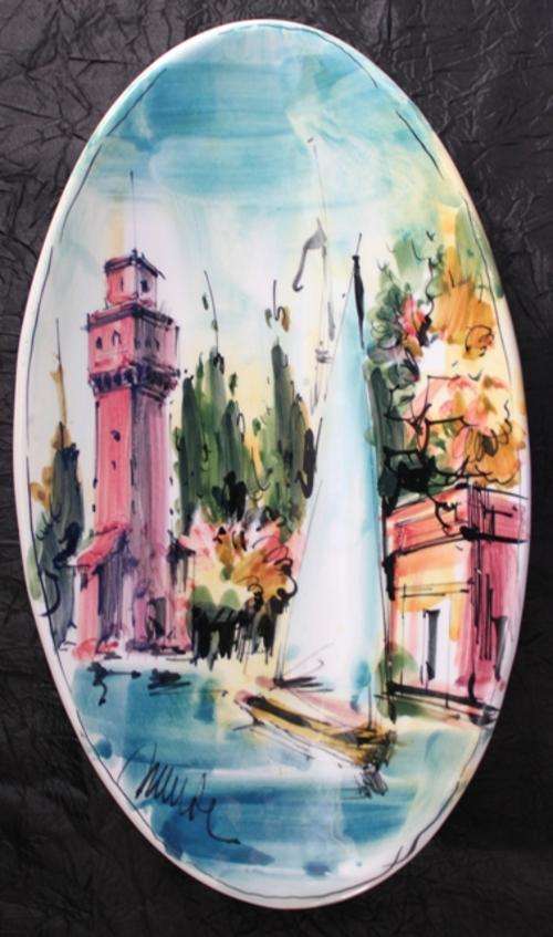 Crazy R1 !!!! Oval Hand Painted wall Plate (signed ) Italy ..510g - 322mmx85mm38mm . see all  photos