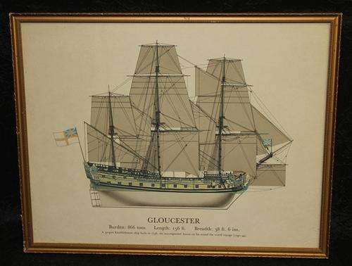 Crazy R1 Start !!!A Vintage Framed Print Behind Glass of the "Gloucester" historic British Ship 1736