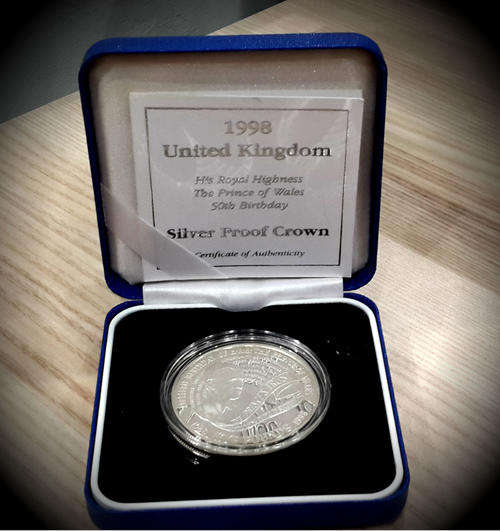 1998  (.925 Silver) Proof Crown- Royal Mint - 50th Birthday of Prince Charles -Certified Limited Ed.