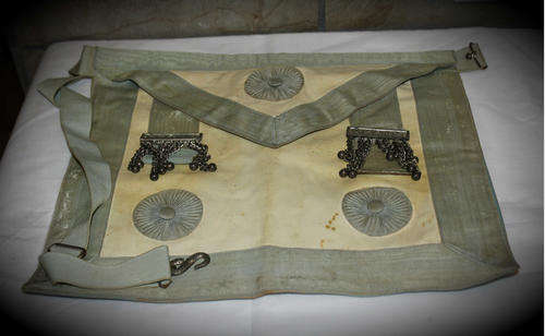 Vintage Free masons masonic leather Apron blue and white - very dirty 2 small holes at back