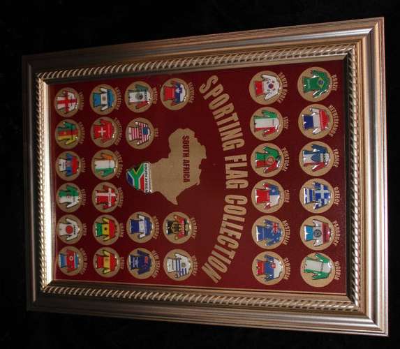 Framed pin Portrait:  Soccer world Cup 2010 South Africa (31 pins) 355mm X 265mm (New) as in Photo