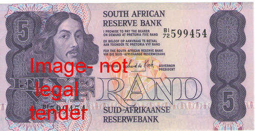 Republic of SA : Jan Van Riebeeck Five Rand (R5) : Gerhard de Kock : Serial Number B1 72....