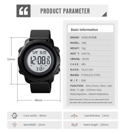 Digital Waterproof BODY TEMPERATURE MEASURING watch. Full Function, 50 m swimming safe.