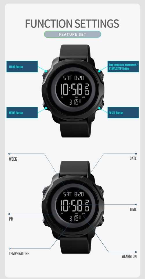 Digital Waterproof BODY TEMPERATURE MEASURING watch. Full Function, 50 m swimming safe.