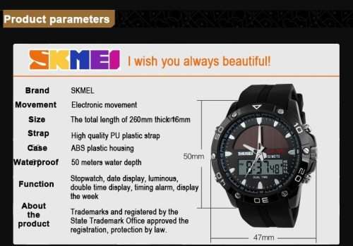 Skmei Eco-Watch Battery plus Solar Assist, Carbon footprint minimizing, waterproof, Metal Casing.