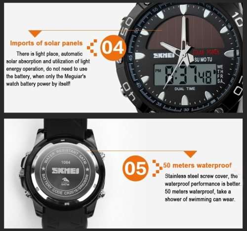 Skmei Eco-Watch Battery plus Solar Assist, Carbon footprint minimizing, waterproof, Metal Casing.