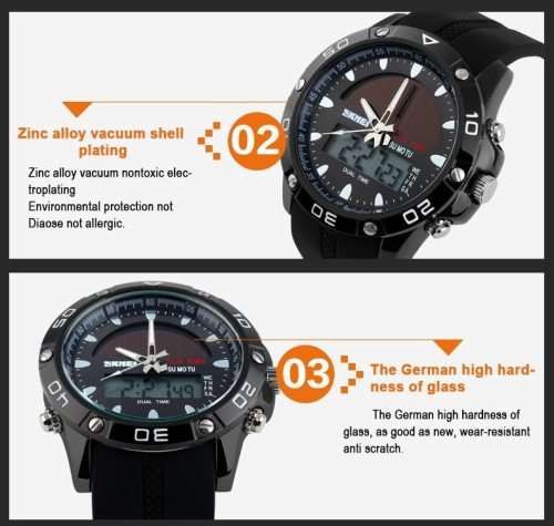 Skmei Eco-Watch Battery plus Solar Assist, Carbon footprint minimizing, waterproof, Metal Casing.