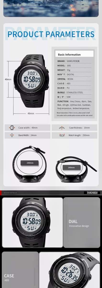 Digital Waterproof Sports type BODY TEMPERATURE MEASURING watch. Full Function, 50 m swimming safe.