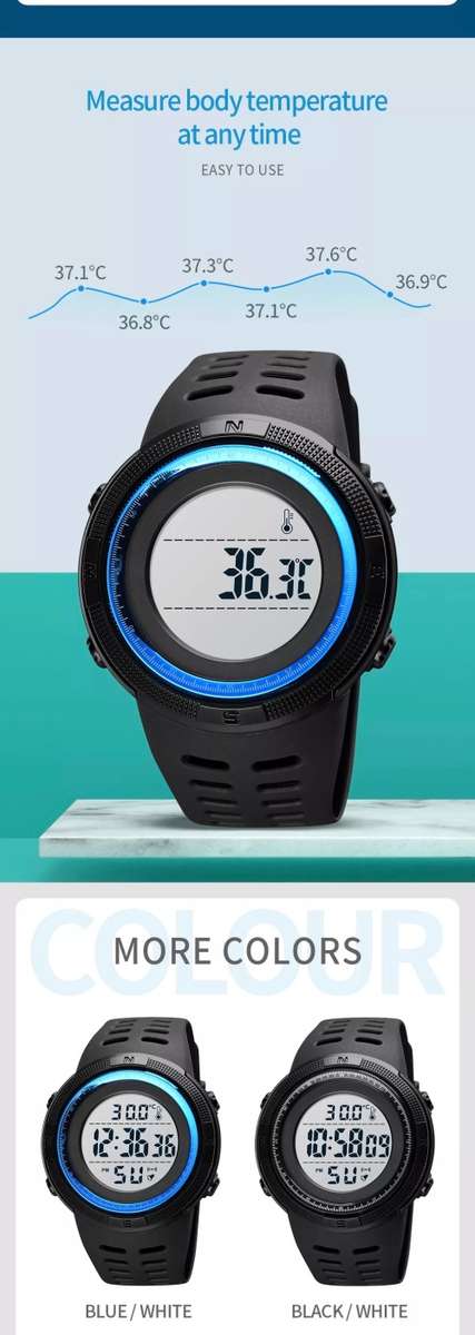 Digital Waterproof Sports type BODY TEMPERATURE MEASURING watch. Full Function, 50 m swimming safe.