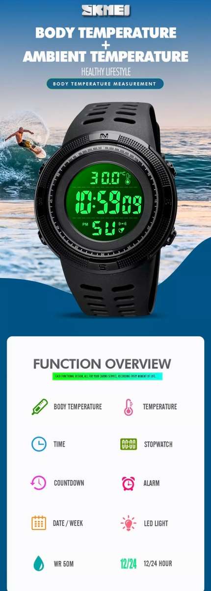 Digital Waterproof Sports type BODY TEMPERATURE MEASURING watch. Full Function, 50 m swimming safe.