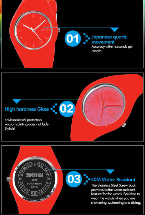 Integral Silicon Case, 30m Waterproof,  Analogue Watch, Quality, White, Red or Black.