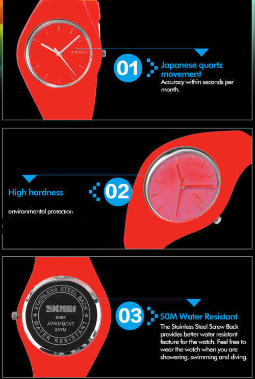 Integral Silicon Case, 30m Waterproof,  Analogue Watch, Quality, White, Red or Black.