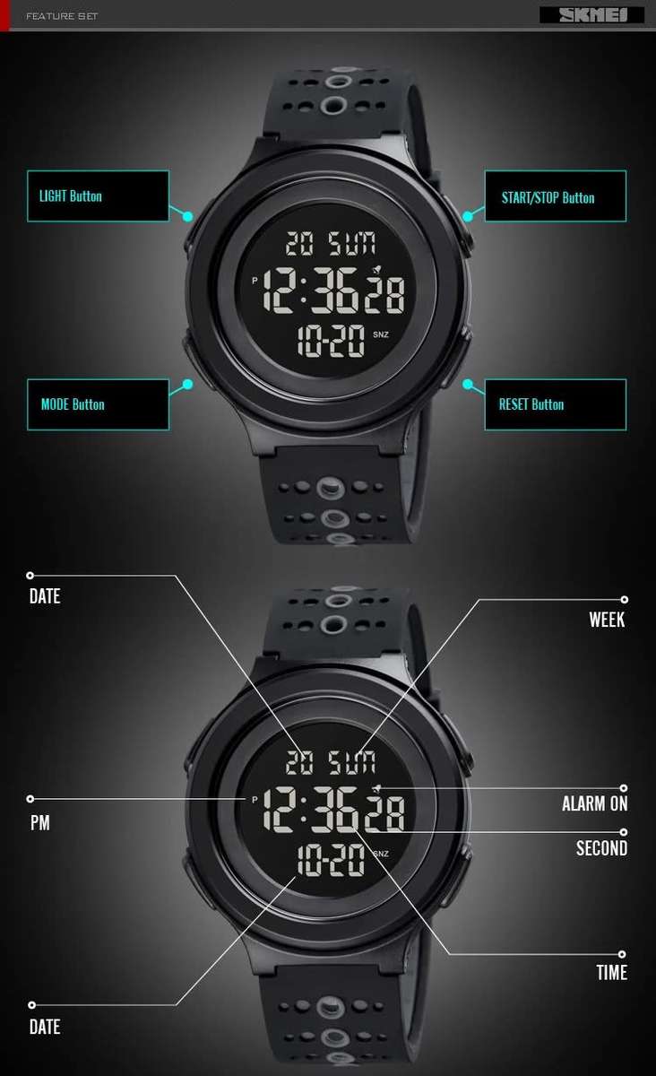 Quality, 50mWaterproof, Large Clear Digits, Genuine Silicone Strap , Dual Time, Luminous night-light