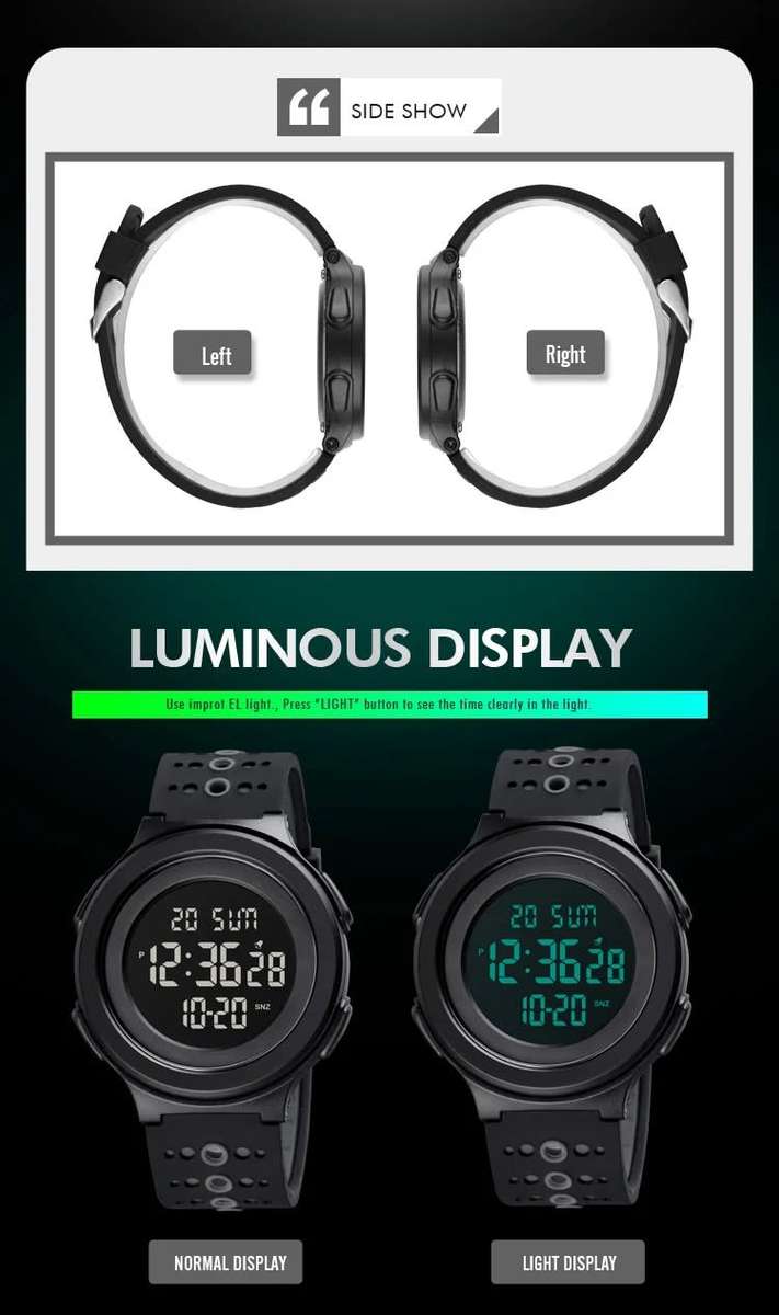 Quality, 50mWaterproof, Large Clear Digits, Genuine Silicone Strap , Dual Time, Luminous night-light
