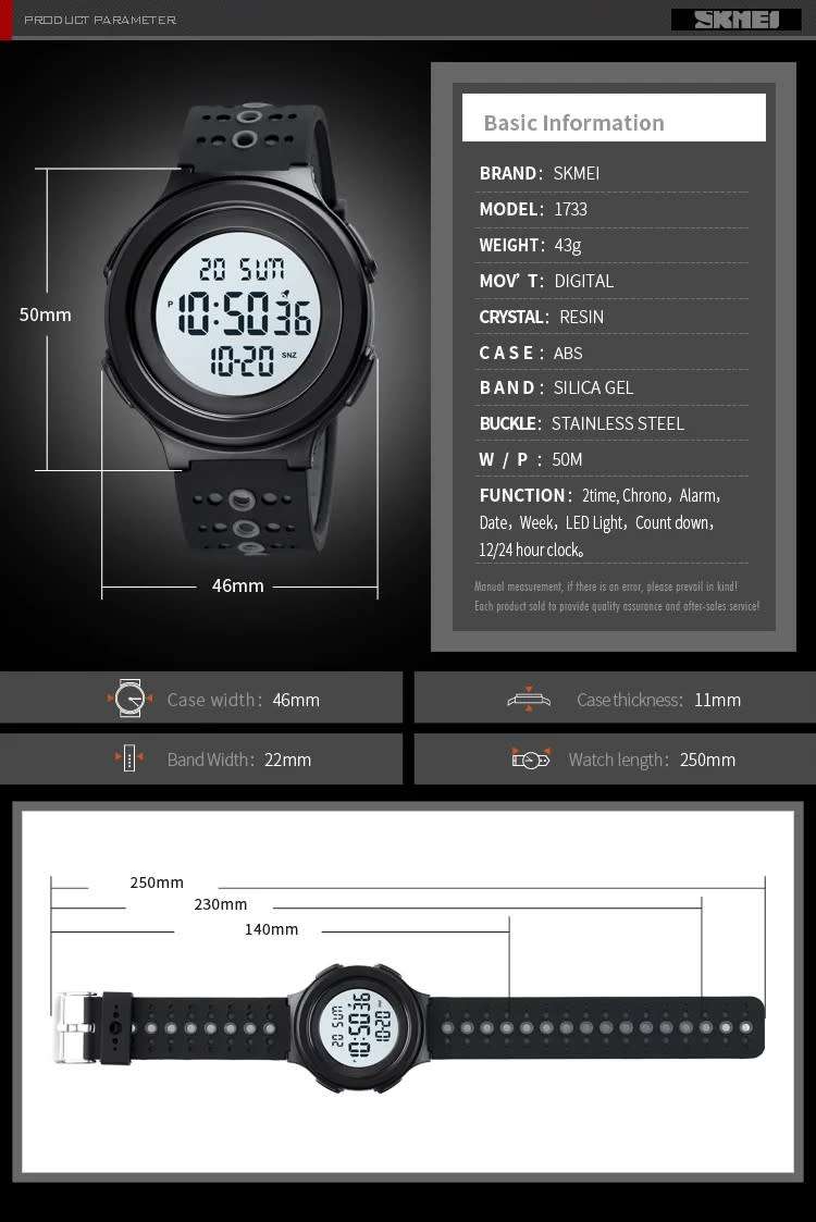 Quality, 50mWaterproof, Large Clear Digits, Genuine Silicone Strap , Dual Time, Luminous night-light