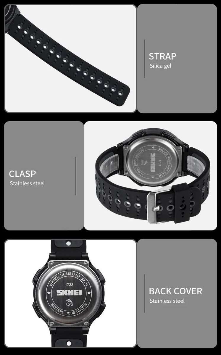 Quality, 50mWaterproof, Large Clear Digits, Genuine Silicone Strap , Dual Time, Luminous night-light