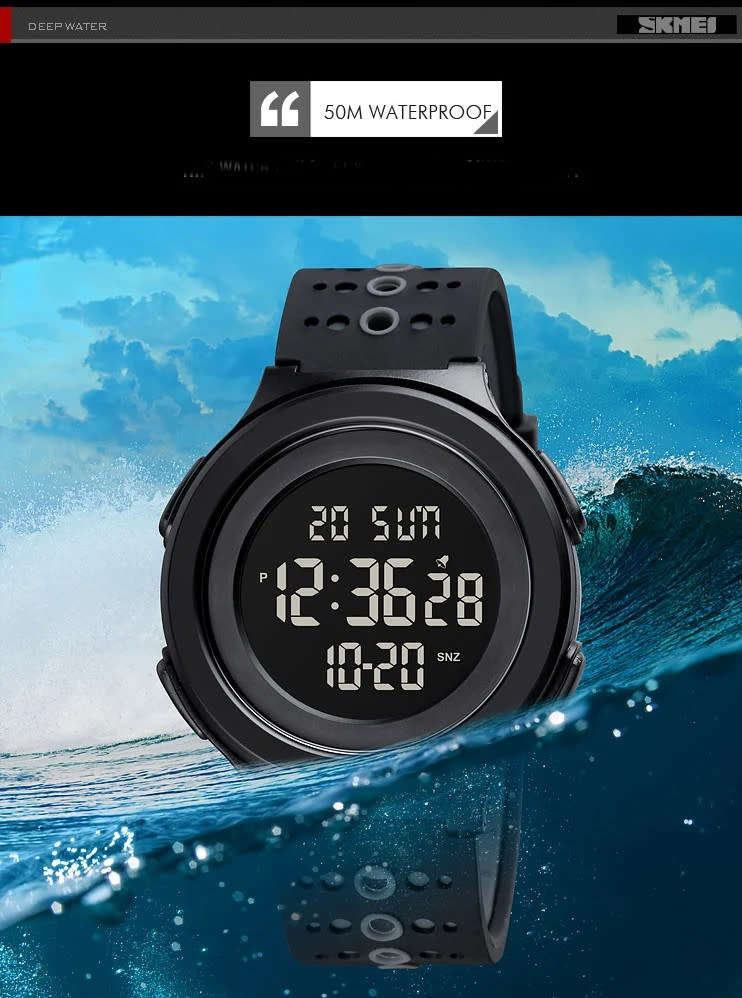 Quality, 50mWaterproof, Large Clear Digits, Genuine Silicone Strap , Dual Time, Luminous night-light
