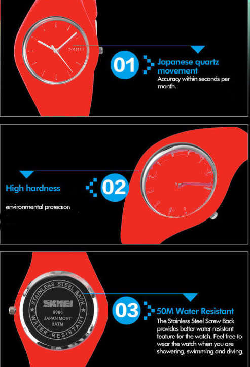 Integral Silicon Case, 30m Waterproof,  Analogue Watch, Quality, White, Red or Black.