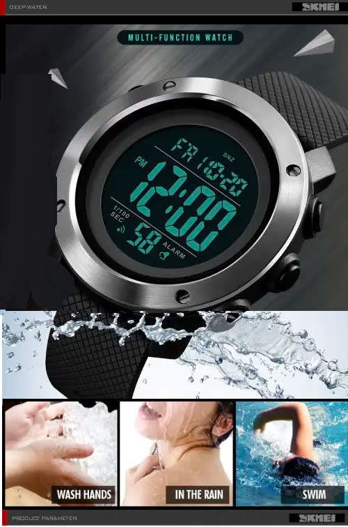 Skmei Stainless Bezel Digital Full Function Dual Time Chronograph 50m waterproof.