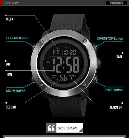 Skmei Stainless Bezel Digital Full Function Dual Time Chronograph 50m waterproof.