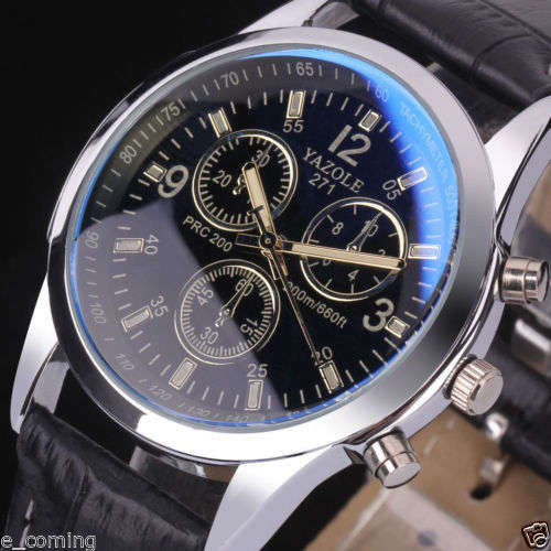 Fashion Men's Date Leather Stainless Steel Military Sport Quartz Wrist Watch