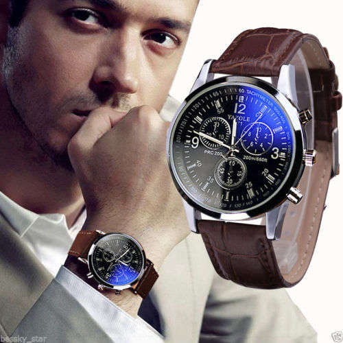 Fashion Men's Date Leather Stainless Steel Military Sport Quartz Wrist
