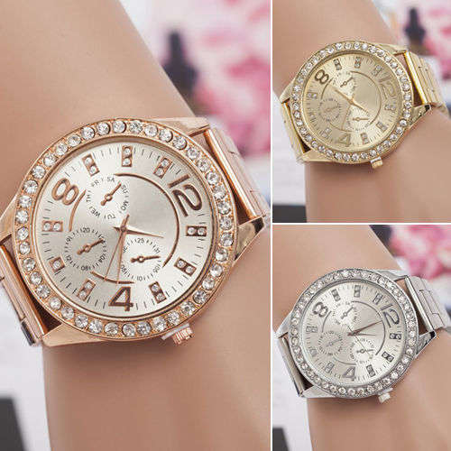 MEN WOMEN PRETTY NICE LUXURY METAL BAND RHINESTONE BIG DIAL QUARTZ WRIST WATCH