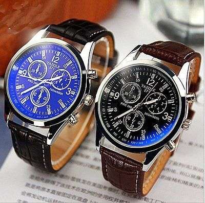 New Fashion Men's Leather Band Stainless Steel Sport Military Quartz Wrist Watch
