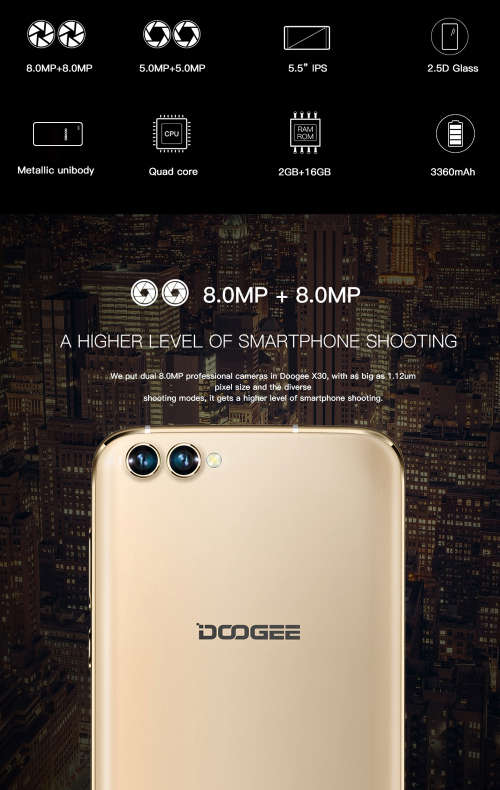 DOOGEE X30 Mobile phone Quad Camera 2x8.0MP+2x5.0MP Android 7.0 3360mAh 5.5'' HD MTK6580A Quad Core