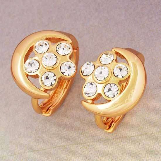 Lovely 9K REAL GOLD FILLED CZ Moon Hoop Earrings,Z953