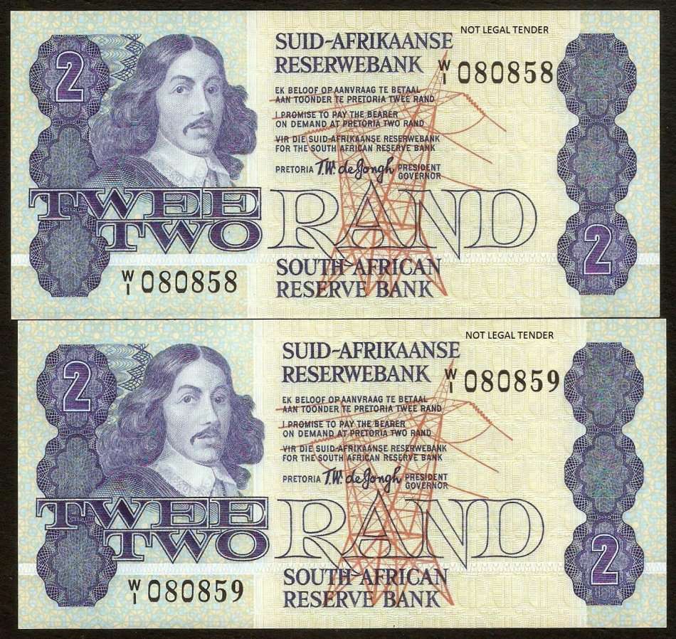 SA 2 Rand 1978 (TW de Jongh 4th Issue) *W1 Replacement* in UNC condition x2