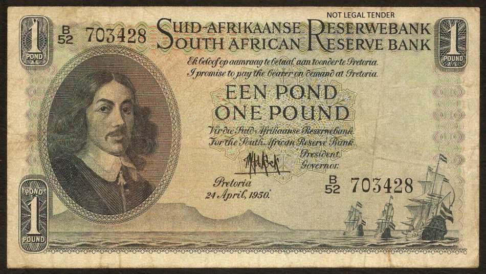 SA 1 Pound 1950 (M de Kock 2nd Issue) Afrikaans predominance
