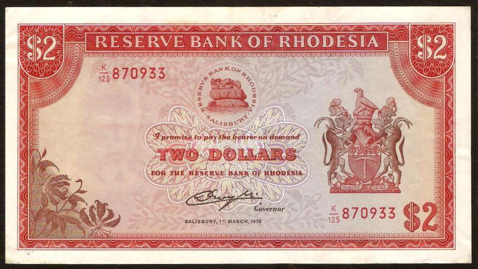 Rhodesia 2 Dollars 1976 Excellent condition