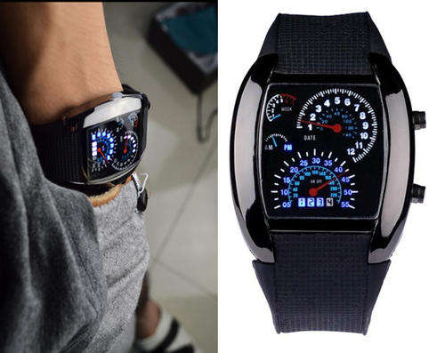 Cool Car Meter Dial Quartz Blue Flash Dot Matrix LED Racing Watch